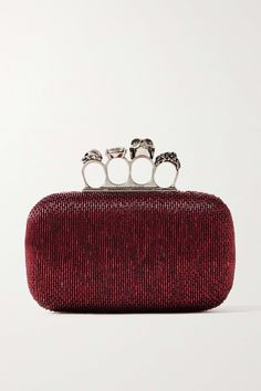 ALEXANDER MCQUEEN Four Ring embellished leather clutch Padded Cassette Bag, Burgundy Clutch, Skulls And Flowers, Alexander Mcqueen Ring, Alexander Mcqueen Clutch, Alexander Mcqueen Bag, Beaded Clutch Bag, Alexander Mcqueens, Red Clutch
