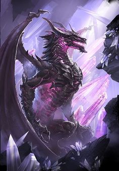 the dragon is standing in front of purple and white rocks, with its wings spread out
