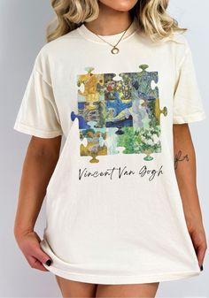 "This is a unisex sized comfort colors t-shirt with a Van Gogh collage design. It is a high quality and durable material - famous for it's \"worn-in\" look and vintage inspired muted color options. This artsy Van Gogh t shirt is a great gift for all the art lovers out there! SIZE UP 1-2 SIZES FOR A TRENDY, LOOSE FIT PLEASE NOTE This is a standard unisex size Comfort Colors T-shirt. For an oversized tee, please size up. If you're looking for an oversized t-shirt dress look, we recommend sizing up Van Gogh T Shirt, Van Gogh Shirt, Artsy Gifts, Artsy Gift, Oversized T Shirt Dress, Painter Artist, Muted Color, Artist Gifts, Collage Design