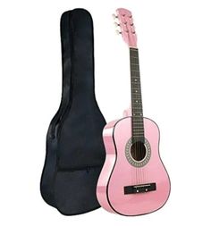the pink guitar is next to its case