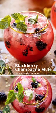 blackberry champagne mules with mint garnish and blackberries on the rim, served in