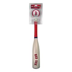 the boston red sox baseball bat is in its plastic package and it's attached to a toothbrush holder