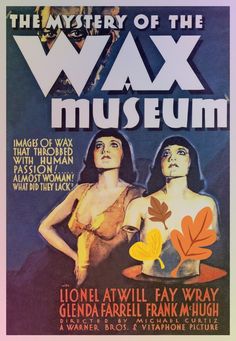 the mystery of the wax museum poster with two women in bathing suits and leaves on them