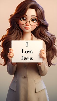 a woman holding up a sign that says i love jesus with glasses on her face