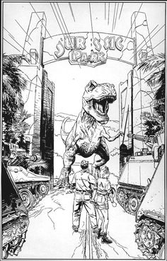 a black and white drawing of a dinosaur riding a bike in front of an entrance