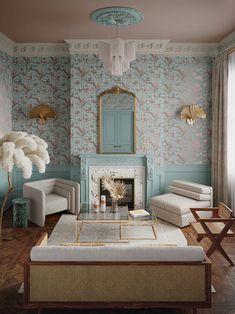 a living room filled with furniture and a fire place in front of a mirror on the wall