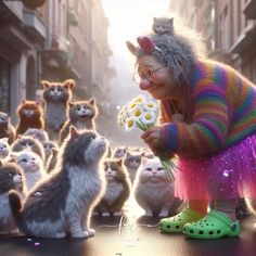 an old woman is surrounded by kittens in the movie, where she holds flowers