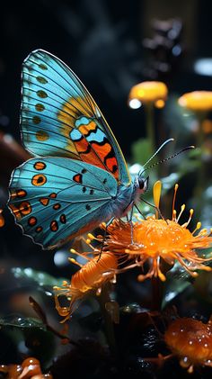 a blue butterfly with orange spots on its wings sitting on top of an orange flower