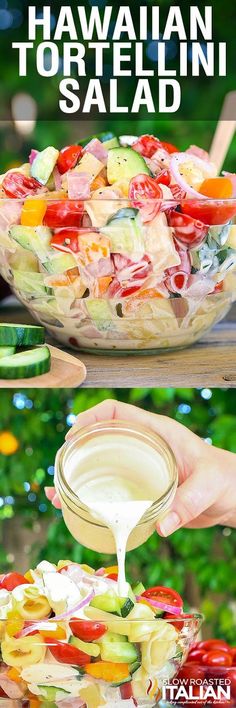 the salad is being served in a bowl with dressing sauce on it and then topped with tomatoes