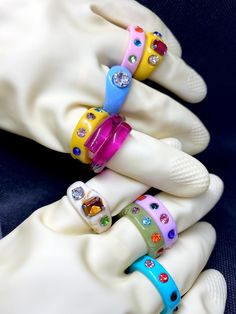 Acrylic rhinestone rings available in 5 colors. These are all size 8. Limited quantities available. Rings Colorful, Acrylic Rings, Rhinestone Rings, Friendship Ring, Acrylic Ring, Friendship Rings, Rhinestone Ring, Cute Bracelets, Stackable Ring