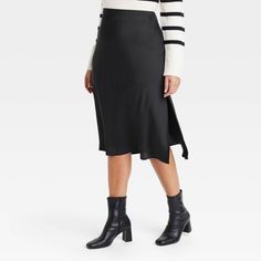 Women's A-Line Midi Slip Skirt - A New Day™ Black 1X Satin Skirt Casual Outfit, Maxi Slip Skirt, Midi Slip Skirt, Elastic Waistband Skirt, Church Fits, Pink Midi Skirt, Confessions Of A Shopaholic, Slip Skirt, Black Midi Skirt