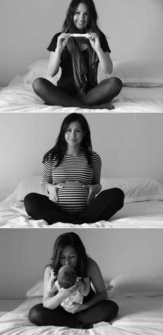 three photos of a woman sitting on a bed holding a baby