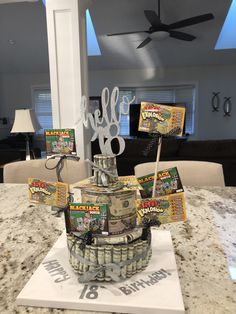 a cake made out of money sitting on top of a table