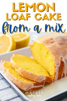 lemon loaf cake on a white plate with text overlay