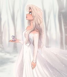 a woman in a white dress holding a teacup and looking at the snow covered ground