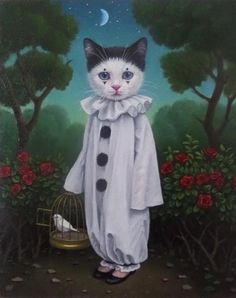 a painting of a cat dressed as a ghost