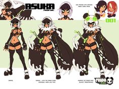 the character sheet for an animated video game, asuka and her friends are dressed up in