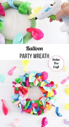 the balloon party wreath is ready to be cut into pieces and put together with scissors