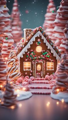 a gingerbread house surrounded by trees and candy canes