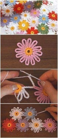 crocheted flowers are being worked on with yarn