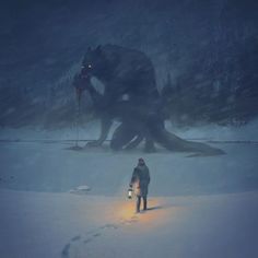 a man standing in the snow next to a giant animal with its head turned towards him