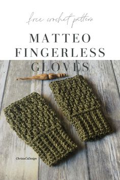 two crocheted mitts sitting on top of a wooden floor with text overlay