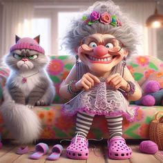 Old Lady Knitting, Funny Animated Cartoon, Color Puzzle, Old Faces, Cute Cartoon Animals, Girly Art