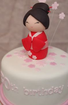 Japanese Cherry Blossom themed Cake with a cute little #Fondant #Geisha