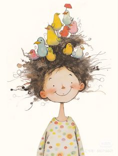 a drawing of a girl with ducks on her head and birds flying above her head
