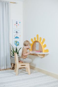 The Listing consists: ONE "SUN" Table + ONE Chair This wall-mounted table with cork board (or mirror) is a great idea for apartments and smaller shared rooms. Product features: ✔️ Developmental Needs: Children have different physical and cognitive requirements compared to adults. A table that is specifically designed for their size and needs can provide them with an appropriate work surface and seating height, which promotes proper posture and comfort during various activities. ✔️ Conforms to th Montessori, Playroom Mirror, Kids Table And Chair Sets, Toddler Desk, Boho Style Nursery, Furniture Boho, Baby Mirror, Wall Mounted Table, Montessori Method