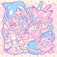 an image of some cartoon characters in pink and blue