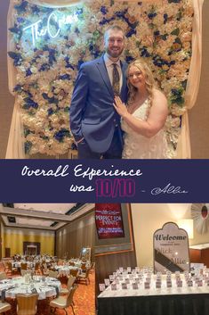 a couple posing for a photo in front of a floral wall and table with place settings