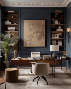 a home office with blue walls and wooden shelves, an art work on the wall