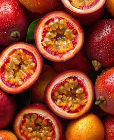 the fruit is cut in half and ready to be eaten with water droplets on them