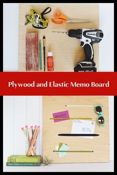 two photos with the words plywood and plastic memo board