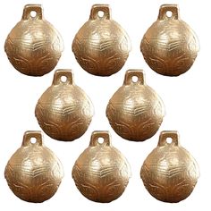 six gold metal vases with holes in the middle on a white background, set of 6