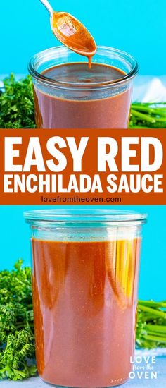 easy red enchilada sauce in a glass jar with a spoon sticking out