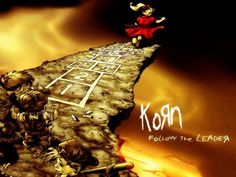 a painting of a person walking down a road with the words korn follow the leader on it