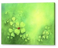 an abstract painting with clovers and ladybug on green background canvas wall art print