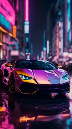 a purple and yellow lamb car parked in front of a neon lit building at night