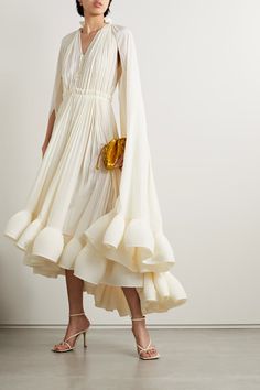 LANVIN Cape-effect tie-detailed ruffled crepe dress | NET-A-PORTER Gaun Ruffle, Midi Gowns, Ethereal Dress, فستان سهرة, Cape Dress, Evening Gowns Formal, Crepe Dress, Stretch Dress, Solid Dress