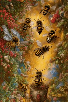 four bees are flying over a pot full of flowers and berries in the middle of a painting