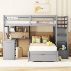 a child's bedroom with a bunk bed, desk and toy storage unit in it