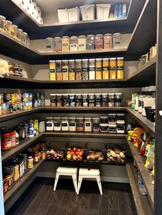 an organized pantry with lots of food and condiments on the shelves for storage