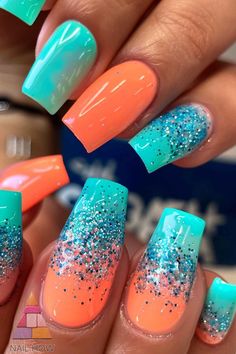 Dive into the summer vibe with these neon nails! Featuring a striking combination of aqua and orange hues topped with sparkling glitter, these nails are the perfect choice for those looking for bold and bright summer nails. Get inspired by this neon nail art and explore more at nailhow.com. Keywords: neon nail designs, neon nails, neon nail inspo, summer nails, bright nails, glow in the dark nails. Nail Designs Neon, Nails Glow In The Dark, Summer Nails Bright, Glow In The Dark Nails, Neon Nail Art Designs, Dark Nail Designs, Bright Summer Nails Designs, Silk Wrap Nails, Neon Nail Art