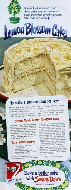 an advertisement for lemon blossom cake on a table