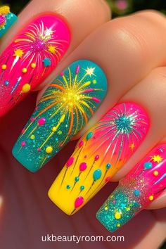 Bright nails are colorful and eye-catching, perfect for adding a pop of excitement to any look.  They are also a great choice for summer!  This post contains 39 ideas for bright nails, including: simple, cute, inspo, classy, elegant, fun, funky, edgy, neon, ideas, art, summer, designs, acrylic, short, for spring, almond. Unique Nails Summer, Short Nails Two Colors, Colorful Nails With Design, Cute Summer Acrylic Nails Almond, Classy Bright Nails, Flashy Nails Summer, Neon Fireworks Nails, Patch Nail Art, Fun Short Nails Art Ideas
