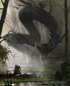 an artistic painting of a dragon attacking a man in the forest with water and trees
