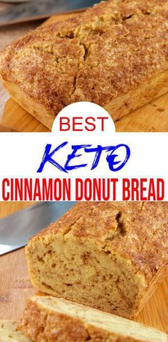 the best keto cinnamon donut bread is cut in half and ready to be eaten