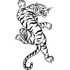 a black and white drawing of a tiger on its hind legs with it's mouth open